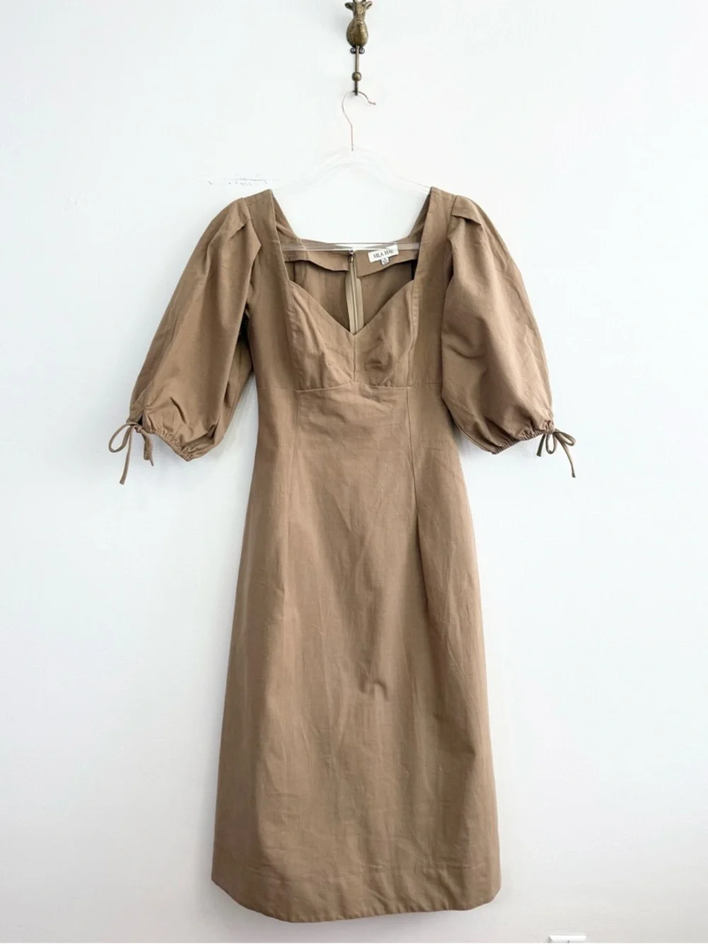 Mila Mae Tan Puff Sleeve Midi Dress Cotton Linen Square Neck Women’s Small - Picture 2 of 7